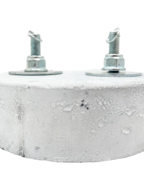 Front of a White 10 Pound Lead Karting Weight.