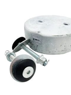White 10 Pound Lead Karting Weight with Mounting Hardware in Front of It.