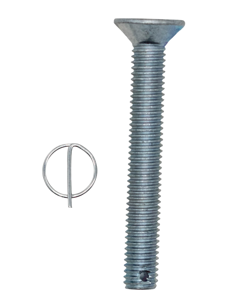 Top View of a 60mm Flat Head Drilled Shank Screw and Cotter Pin.