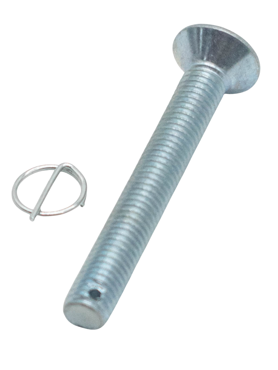 Front Right View of a 60mm Flat Head Drilled Shank Screw and Cotter Pin.