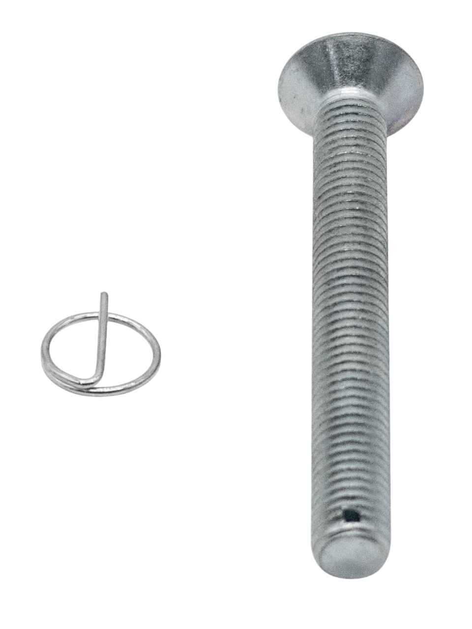 Front View of a 70mm Flat Head Drilled Shank Screw and Cotter Pin.