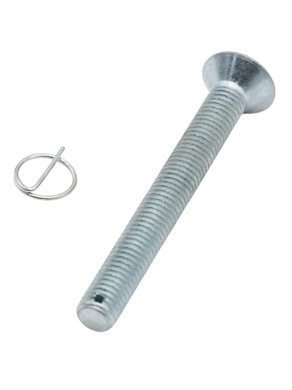 Front Right View of a 70mm Flat Head Drilled Shank Screw and Cotter Pin.