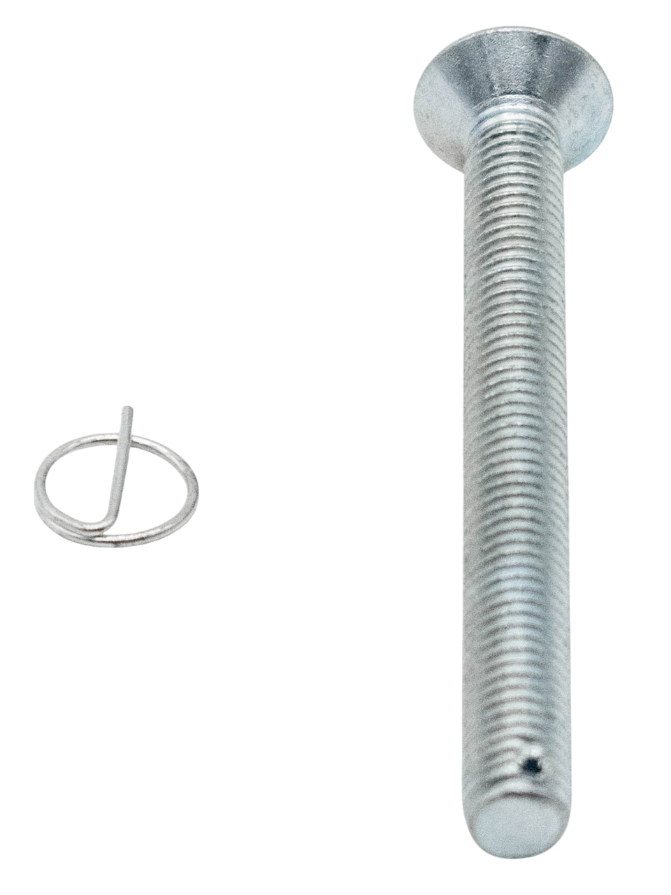 Front View of a 80mm Flat Head Drilled Shank Screw and Cotter Pin.
