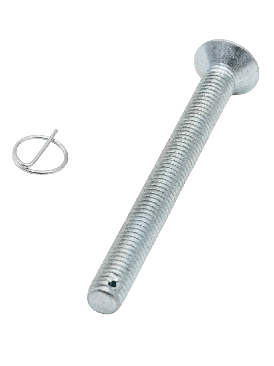 Front Right View of a 80mm Flat Head Drilled Shank Screw and Cotter Pin.