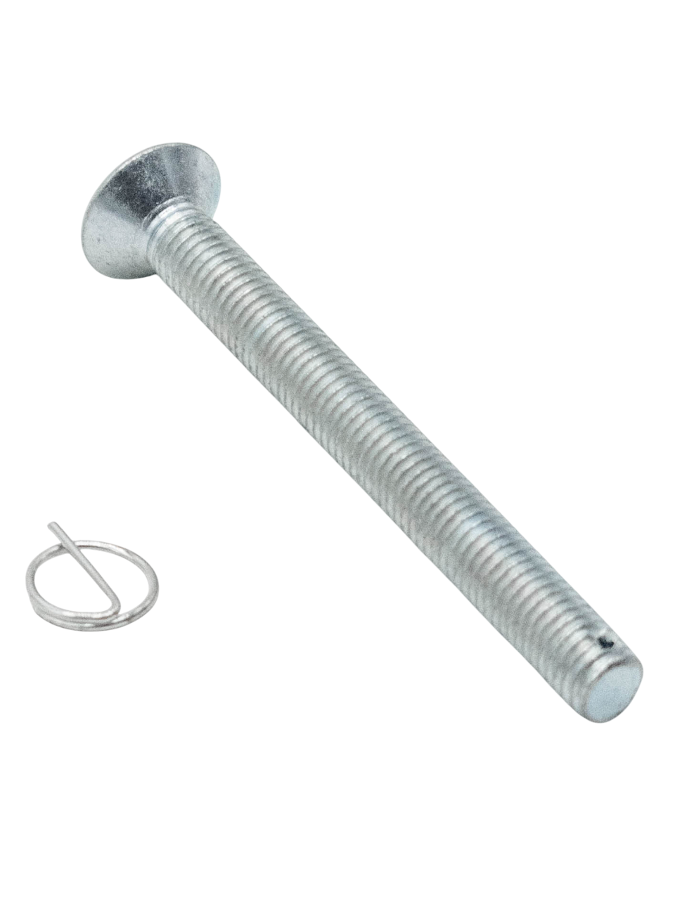 Front Left View of a 80mm Flat Head Drilled Shank Screw and Cotter Pin.