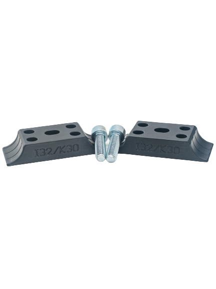 Front View of Two Odenthal I32/K30 Motor Mount Clamps with Two Bolts in Between Them.