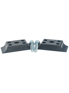 Front View of Two Odenthal I32/K30 Motor Mount Clamps with Two Bolts in Between Them.