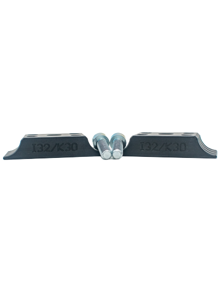 Low Front View of Two I32/K28 Odenthal Motor Mount Clamps and Two Mounting Bolts.