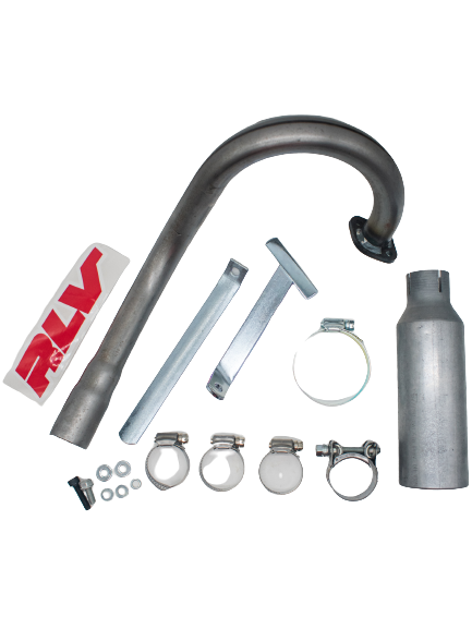 Overhead View of an LO206 Spec RLV Exhaust Lefty Header Kit with a Pipe, Muffler, Mounting Brackets, Hose Clamps, Mounting Hardware, and an RLV Logo Sticker.