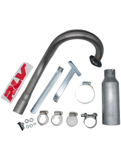 Overhead View of an LO206 Spec RLV Exhaust Lefty Header Kit with a Pipe, Muffler, Mounting Brackets, Hose Clamps, Mounting Hardware, and an RLV Logo Sticker.
