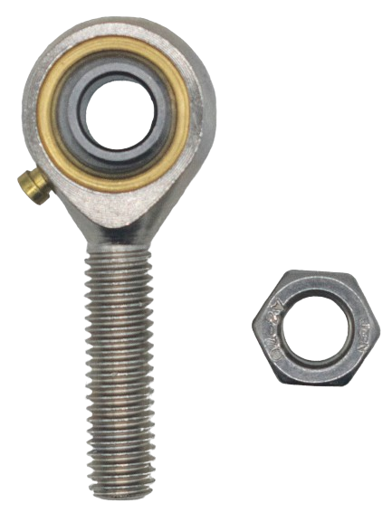 Top Down View of an 8mm Tie Rod End with Jam Nut to the Right of It.