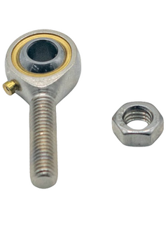Front View of an 8mm Tie Rod End with Jam Nut to the Right of It.