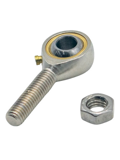 Front Right View of an 8mm Tie Rod End with Jam Nut to the Right of It.