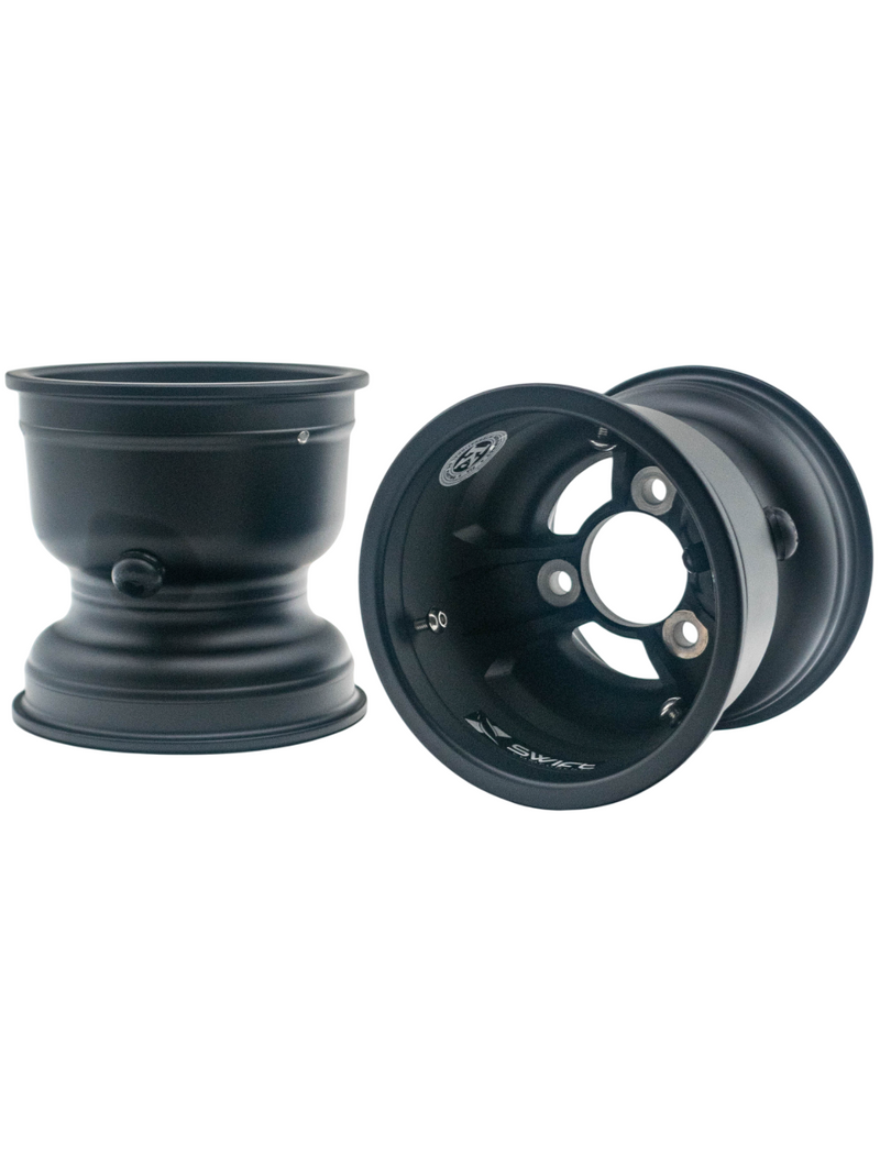 Front View of Two 130mm Swift Low Volume Black Magnesium Wheels.