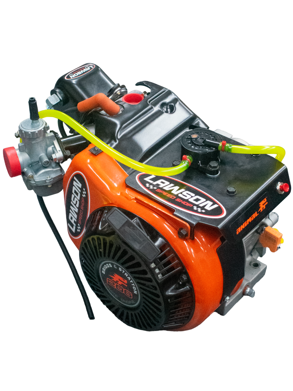 Top Front Right of a Lawson Speed Shop Built LO206 Kid Kart Engine with a Lawson Speed Shop Sticker on It.