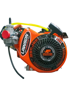 Right Side of a Lawson Speed Shop Built LO206 Kid Kart Engine with a Lawson Speed Shop Sticker on It.