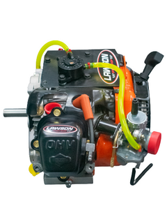 Top Back View of a Lawson Speed Shop Built LO206 Kid Kart Engine with a Lawson Speed Shop Sticker on It.