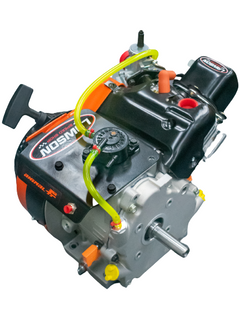 Top Front Left View of a Lawson Speed Shop Built LO206 Kid Kart Engine with a Lawson Speed Shop Sticker on It.