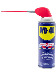 Front of a 12 oz Can of WD-40 with Its Red and Grey Nozzle Extended.