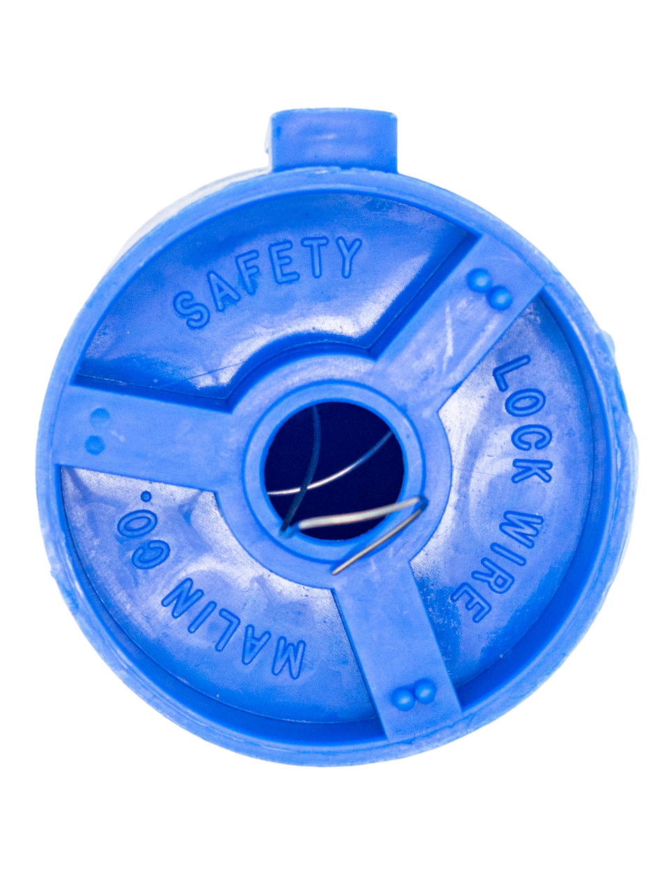 Top of a Blue Container with Safety Wire in It.
