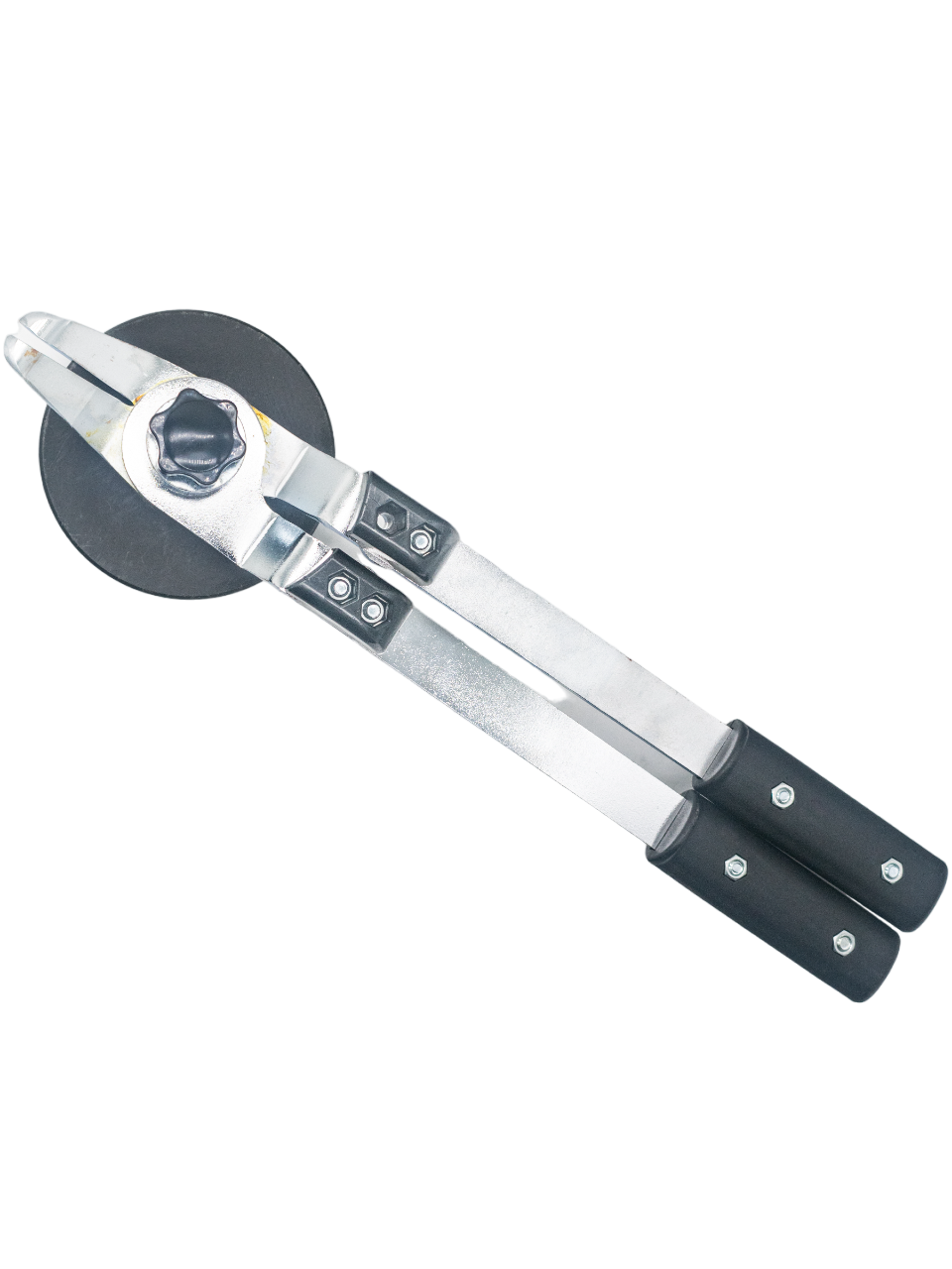 Top Down View of an Economy 5 Inch Tire Mounting and Dismounting Scissor Tool with Black Plate and Holding Pin Attached to It.