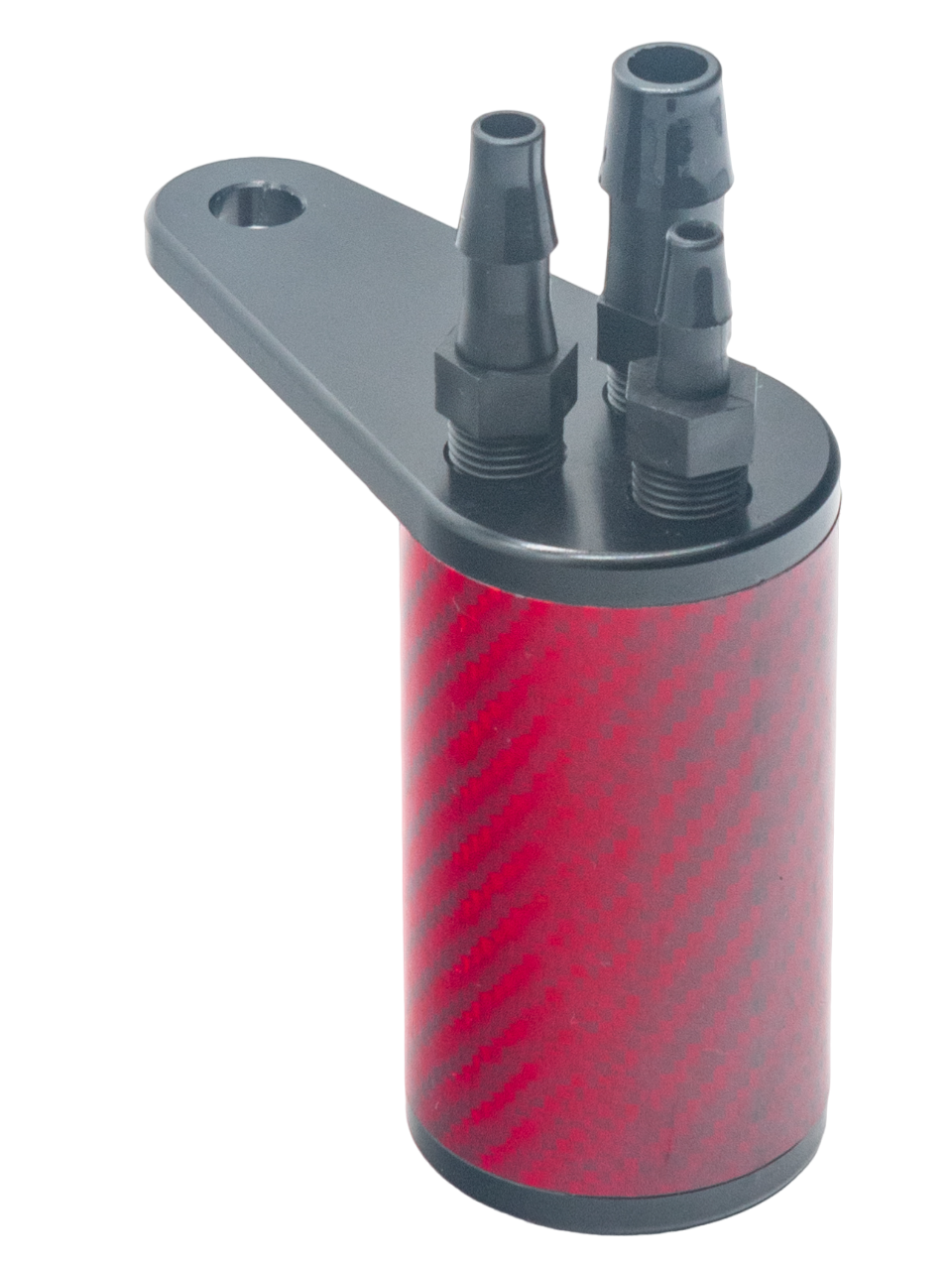 High Left Angled Top View of the Red LO206 Carbon Fiber Lightweight Catch Can.