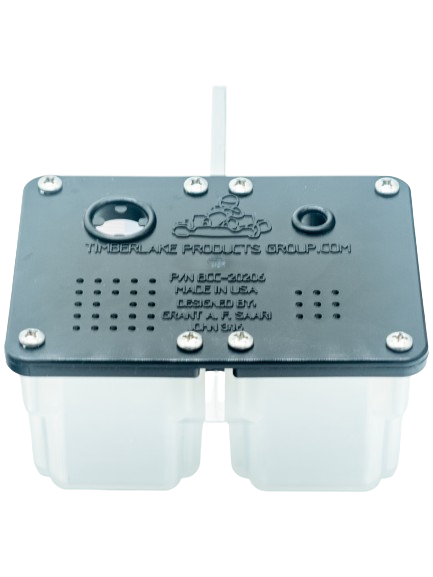 Front View of a Timberlake Products Group Flat Duel Top Overflow Catch Can with Mounting Bracket.