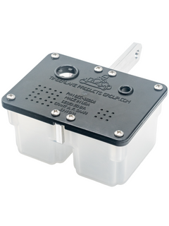 Front Right View of a Timberlake Products Group Flat Duel Top Overflow Catch Can with Mounting Bracket.