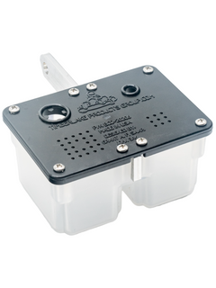Front Left View of a Timberlake Products Group Flat Duel Top Overflow Catch Can with Mounting Bracket.