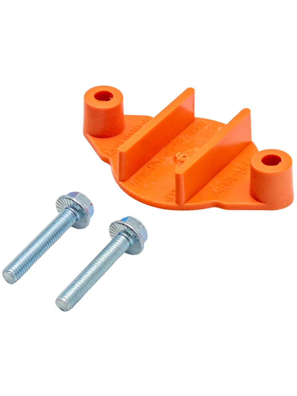 Front Right View of an Orange Fuel Pump Riser with Two Flange Bolts.