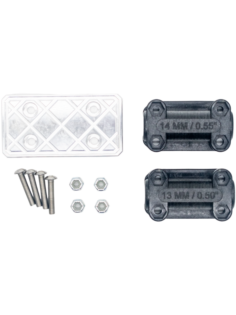 Top View of a Timberlake Product Group Pedal Pad Extension Kit with Mounting Pad, Plate, 4 Bolts, and 4 Locking Nuts.