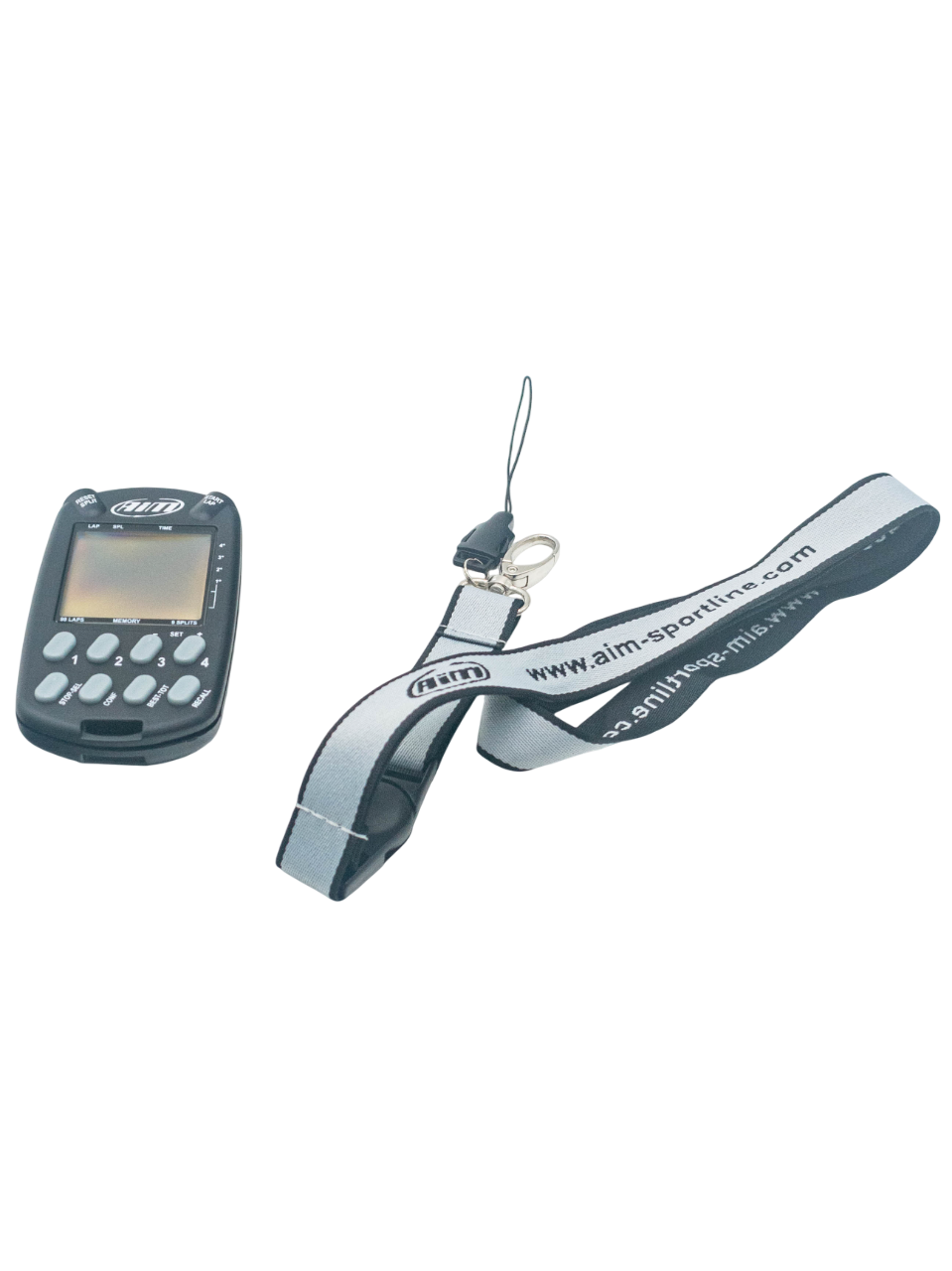Laying Down Aim MultiChron Digital Stopwatch and Lanyard.