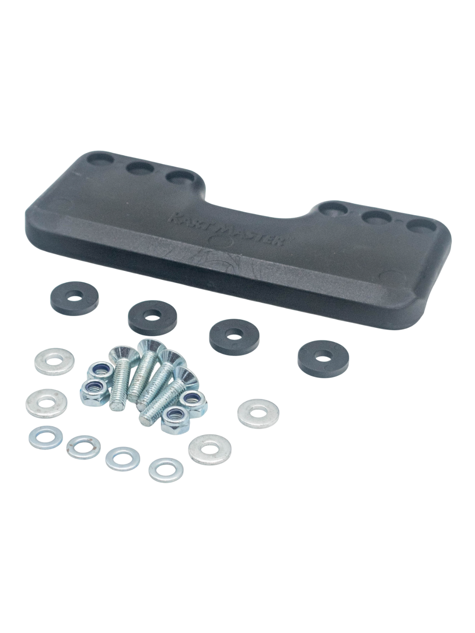 Front Right View of a Karting Chassis Protector Skid Plate and Hardware.