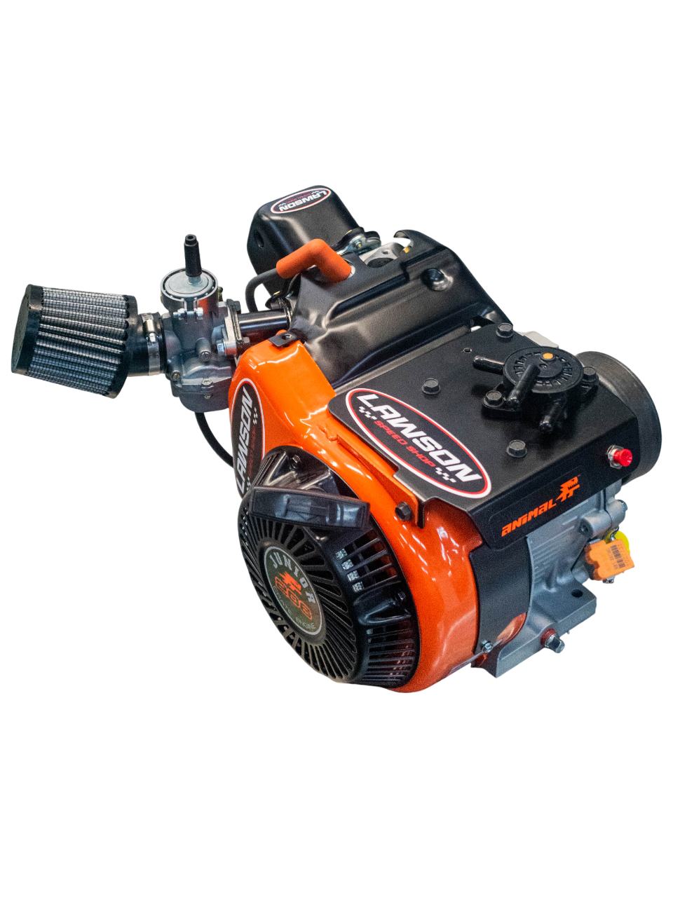 Top Front Right View of a Lawson Speed Shop Built LO206 Kid Kart Engine with a Lawson Speed Shop Sticker on It.