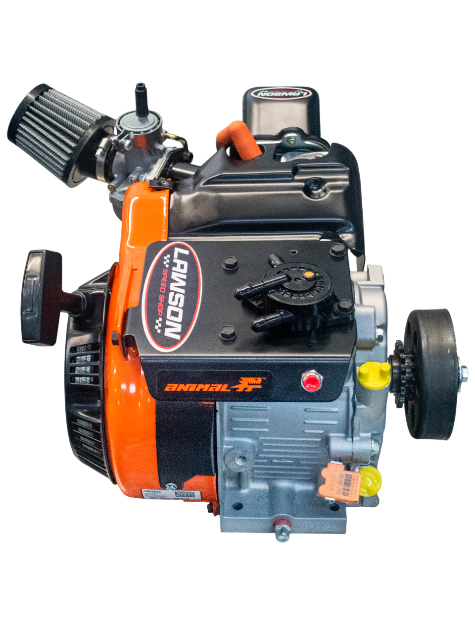 Top Front View of a Lawson Speed Shop Built LO206 Kid Kart Engine with a Lawson Speed Shop Sticker on It.