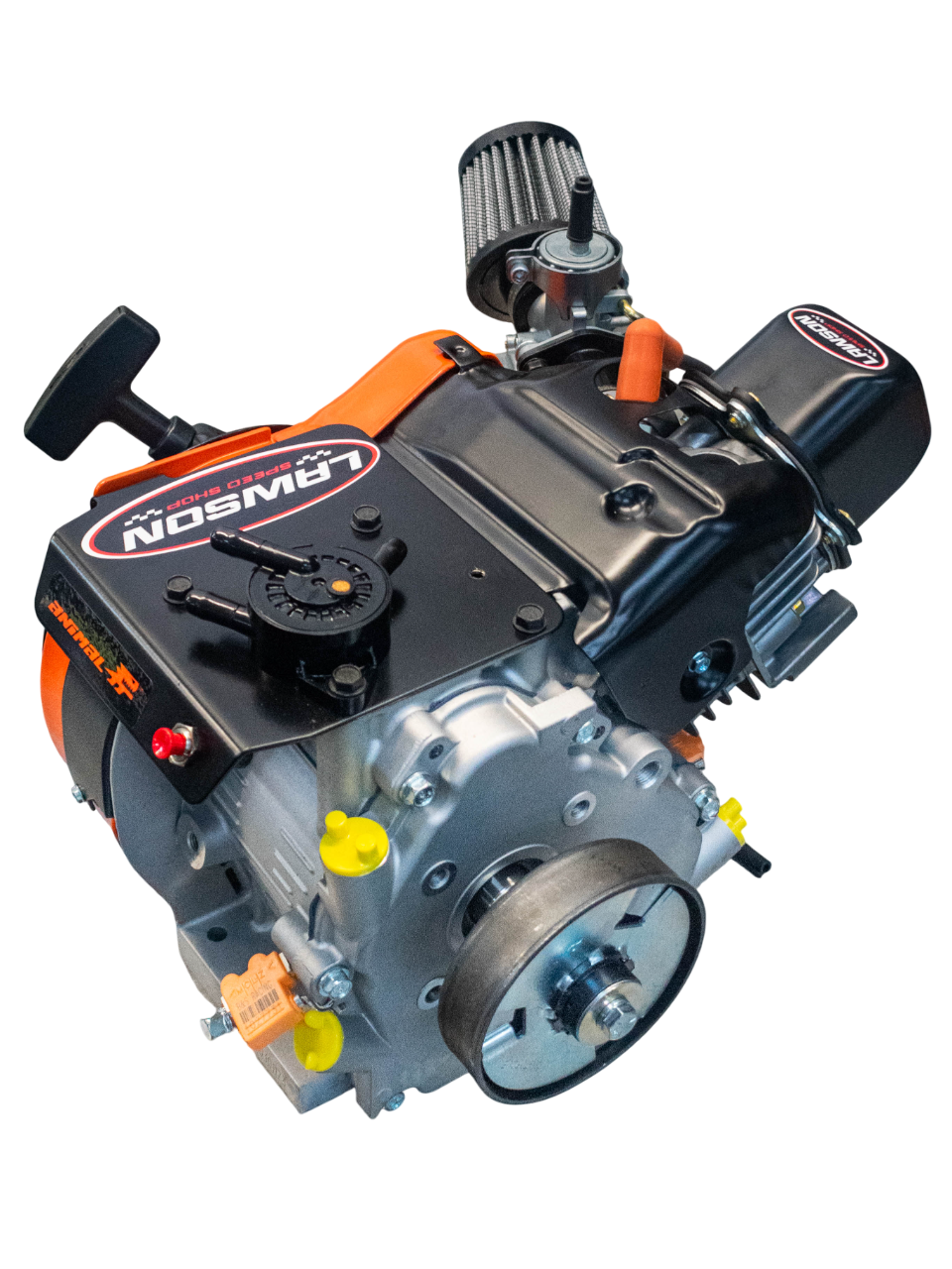 Top Front Left View of a Lawson Speed Shop Built LO206 Kid Kart Engine with a Lawson Speed Shop Sticker on It.