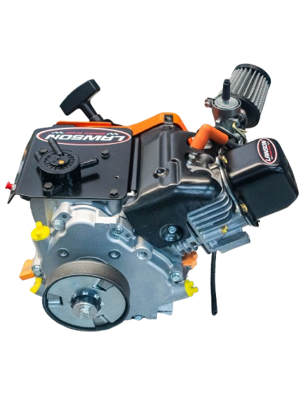 Top Left Side View of a Lawson Speed Shop Built LO206 Kid Kart Engine with a Lawson Speed Shop Sticker on It.