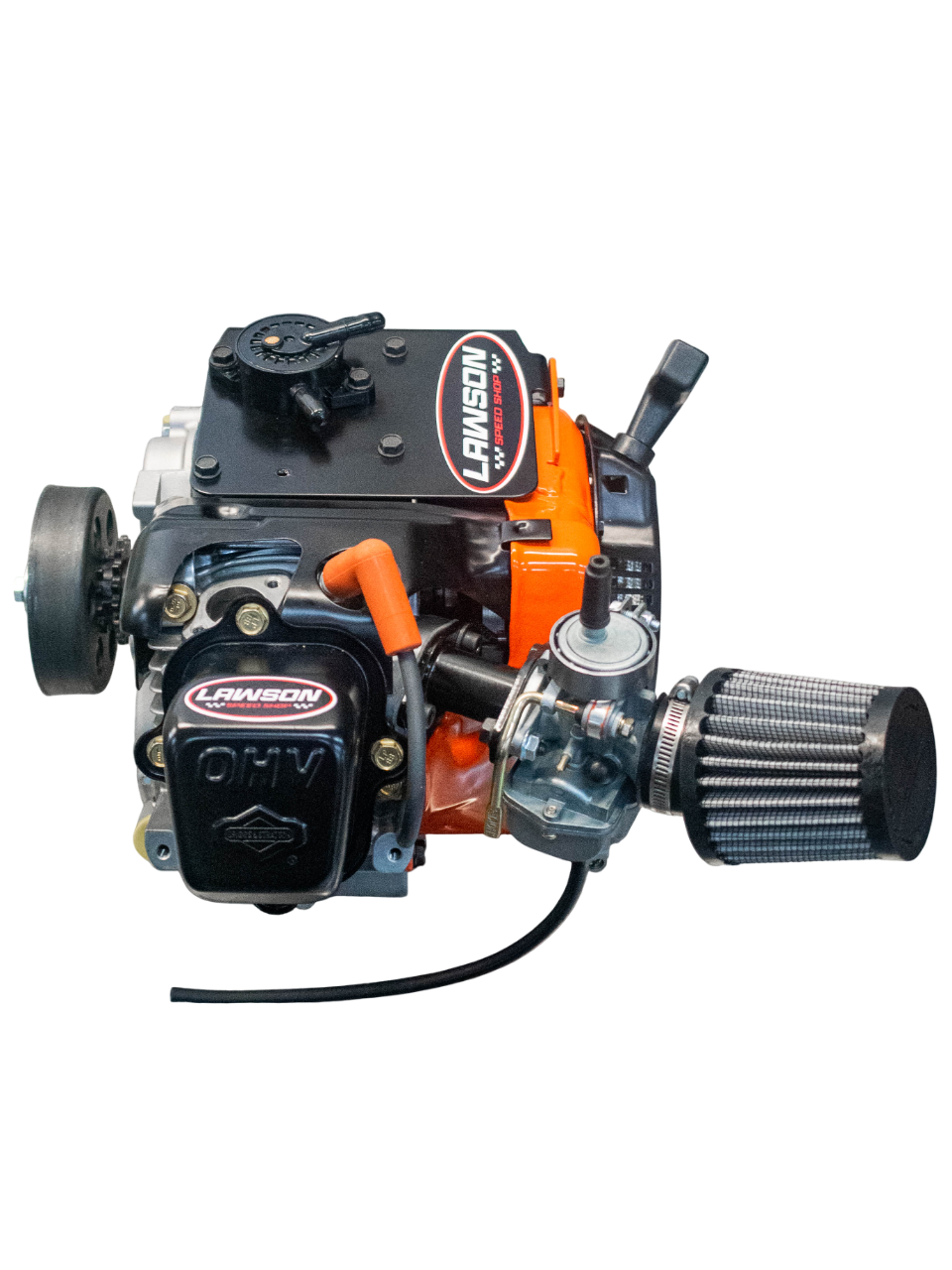 Top Back View of a Lawson Speed Shop Built LO206 Kid Kart Engine with a Lawson Speed Shop Sticker on It.