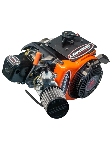 Top Back Right View of a Lawson Speed Shop Built LO206 Kid Kart Engine with a Lawson Speed Shop Sticker on It.