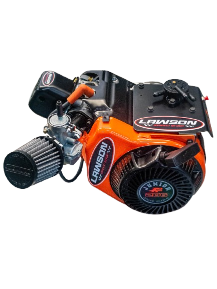 Top Right View of a Lawson Speed Shop Built LO206 Kid Kart Engine with a Lawson Speed Shop Sticker on It.