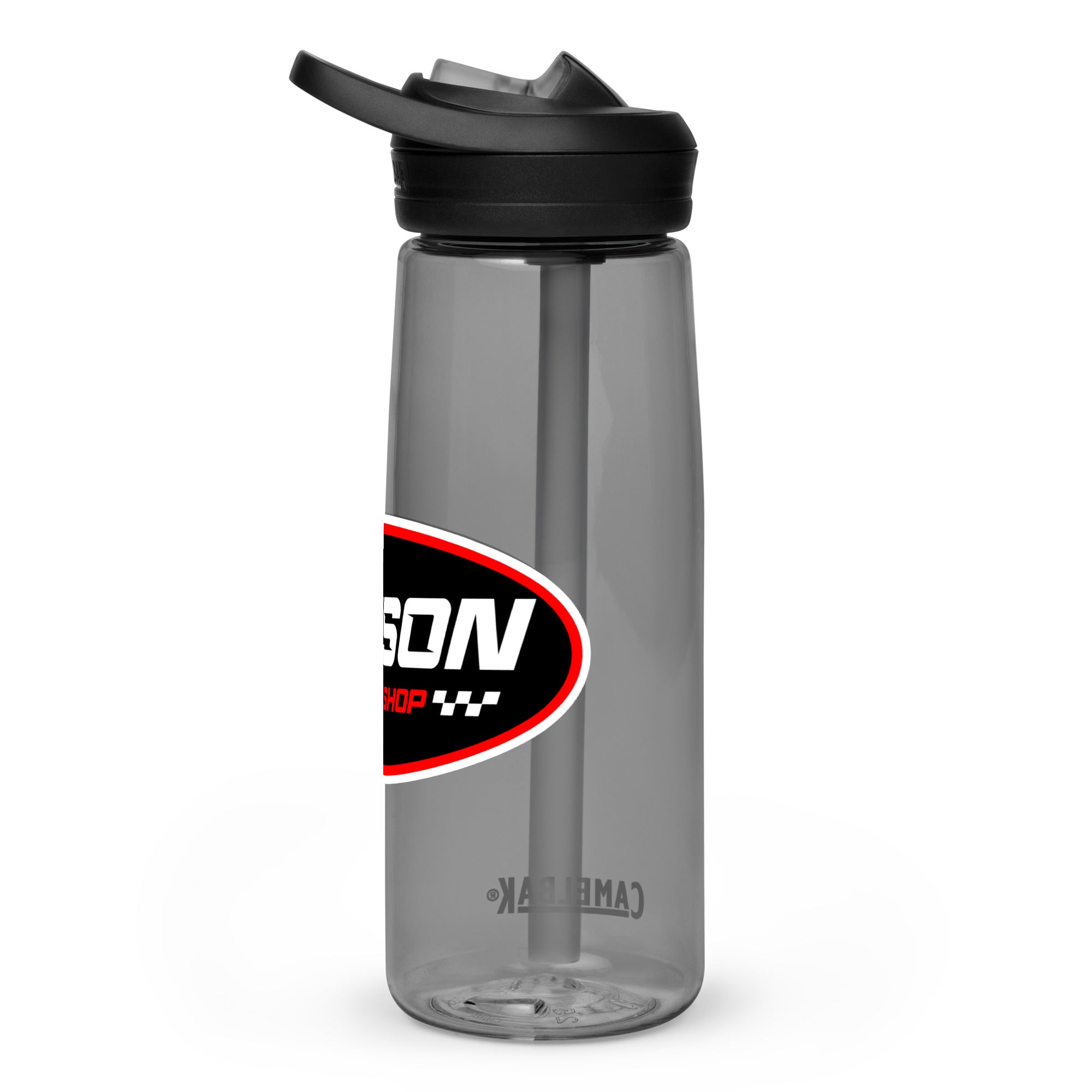Right Side of a Black Lawson Speed Shop Water Bottle.