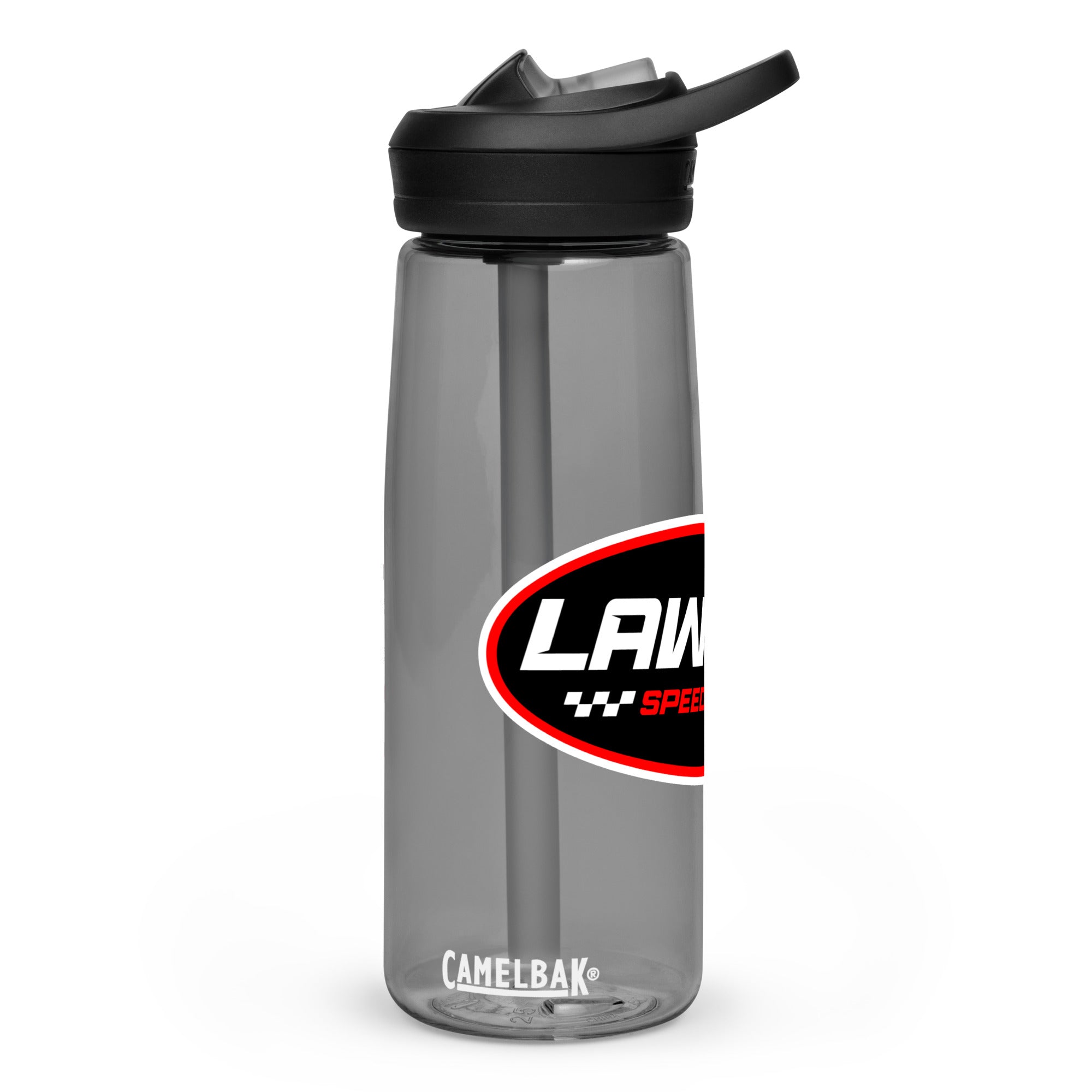 Left Side of a Black Lawson Speed Shop Water Bottle.