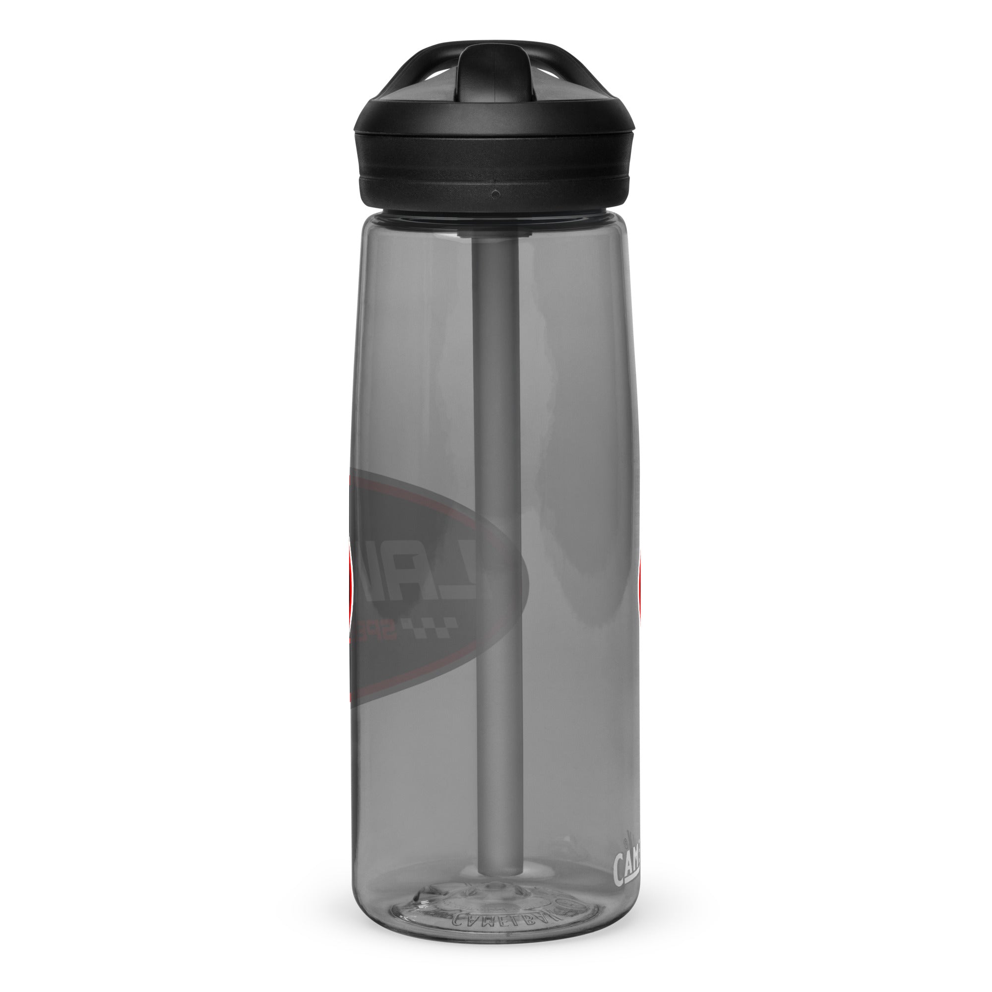 Back of a Black Lawson Speed Shop Water Bottle.