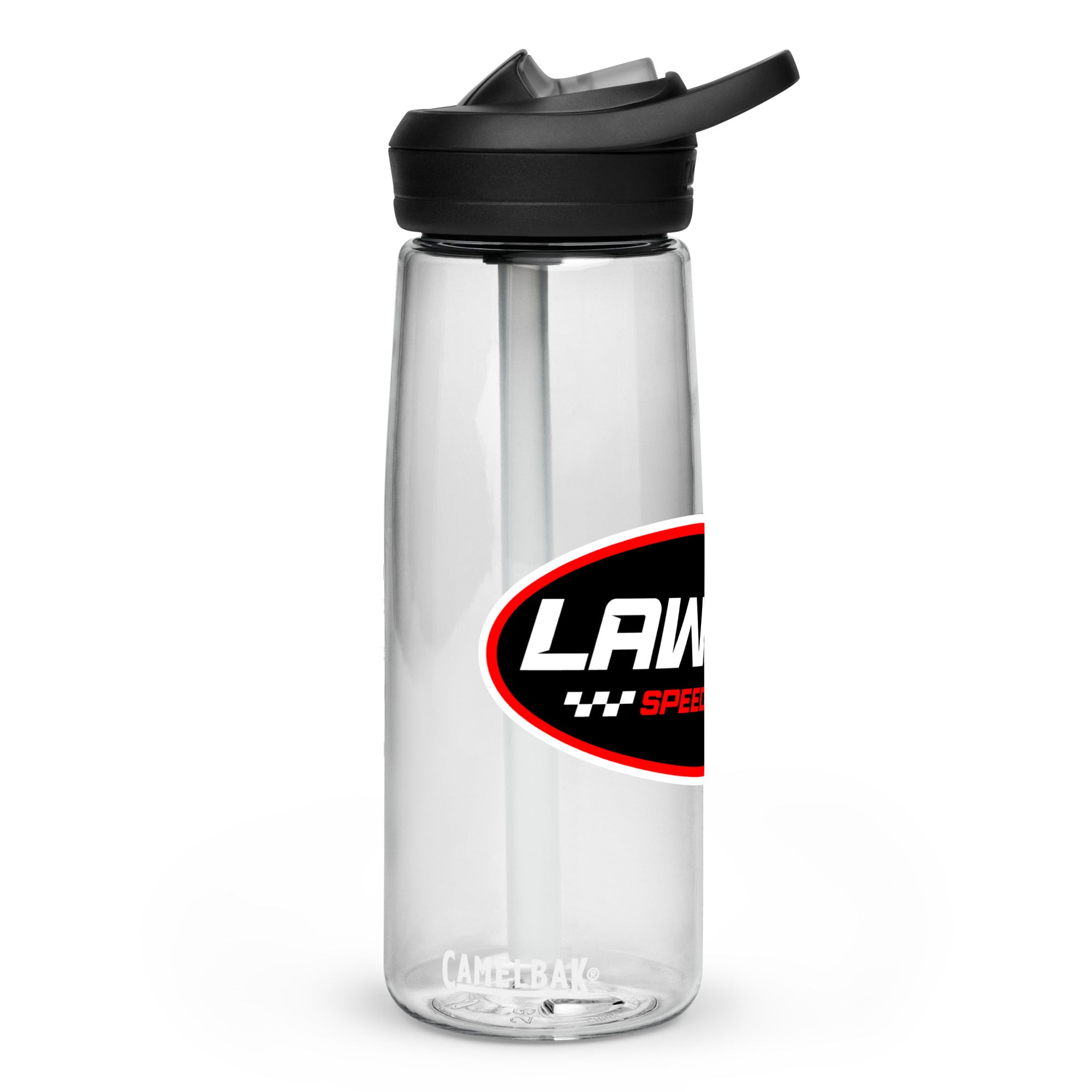 Left Side of a White Lawson Speed Shop Water Bottle.