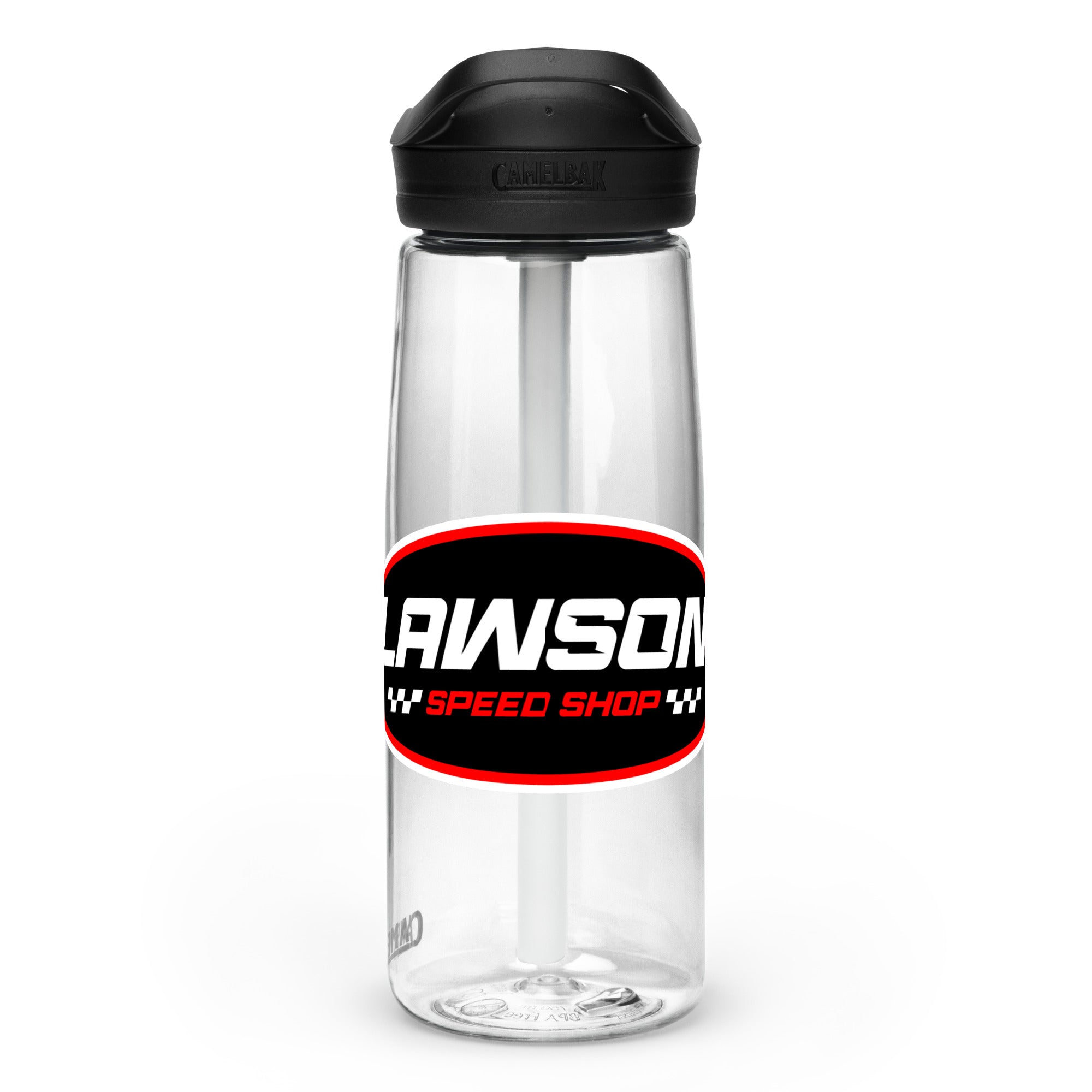 Front of a White Lawson Speed Shop Water Bottle.