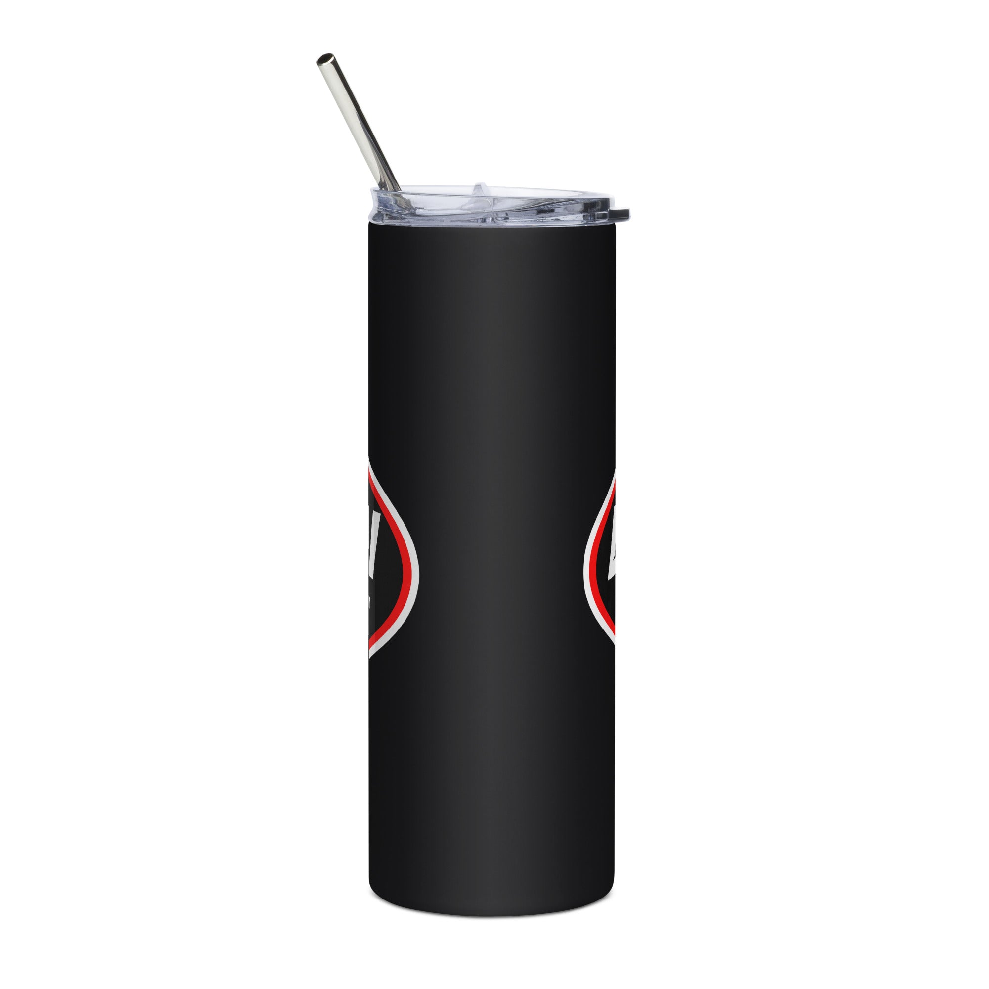 Back of a Black Lawson Speed Shop Steel Tumbler.