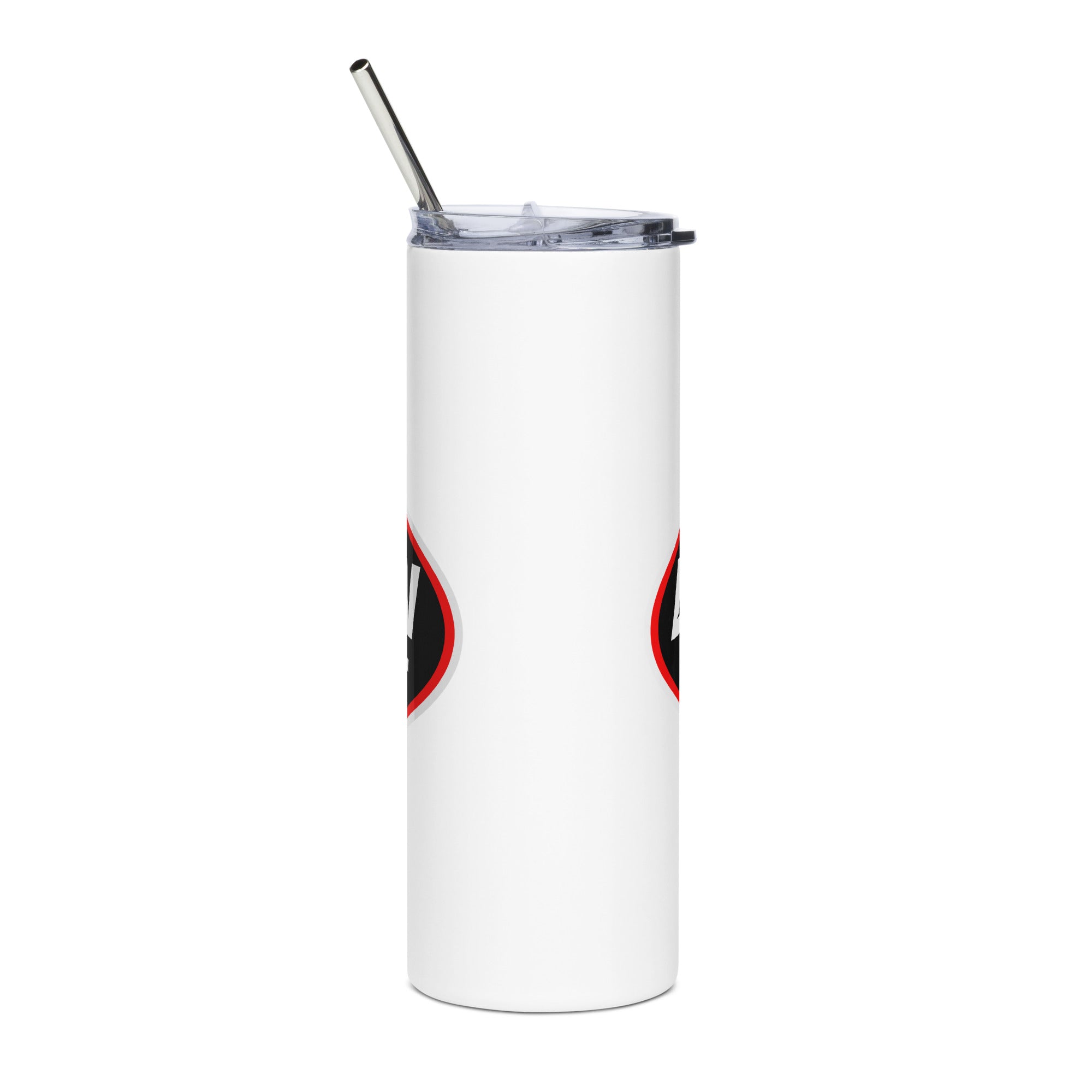 Back of a White Lawson Speed Shop Steel Tumbler.