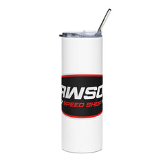 Front of a White Lawson Speed Shop Steel Tumbler.