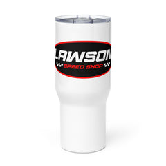 Front of a White Lawson Speed Shop Travel Mug with a Handle.