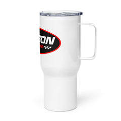 Left Side of a White Lawson Speed Shop Travel Mug with a Handle.
